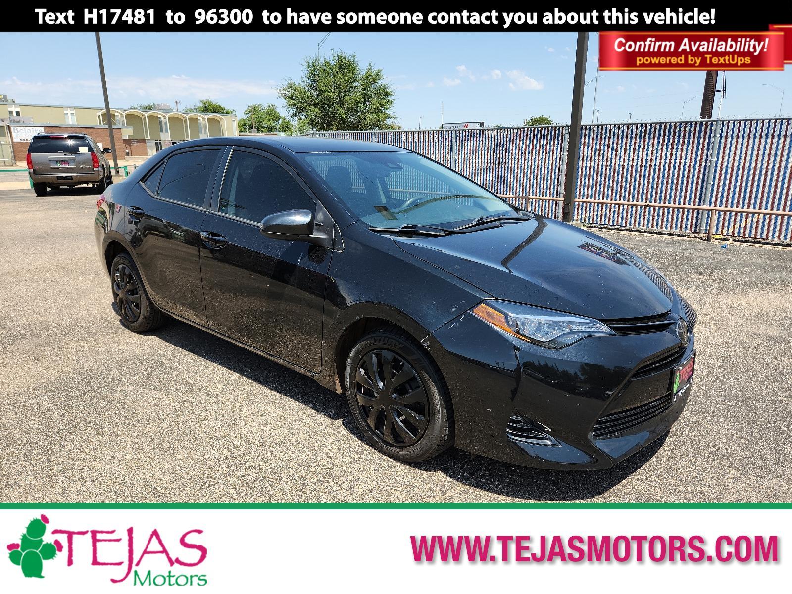 2017 BLACK Toyota Corolla LE (5YFBURHE5HP) with an Engine: 1.8L I-4 DOHC Dual VVT-i engine, located at 4110 Avenue Q, Lubbock, 79412, 33.556553, -101.855820 - 07/11/2023 KEY IN ENVELOPE GOD - Photo #0