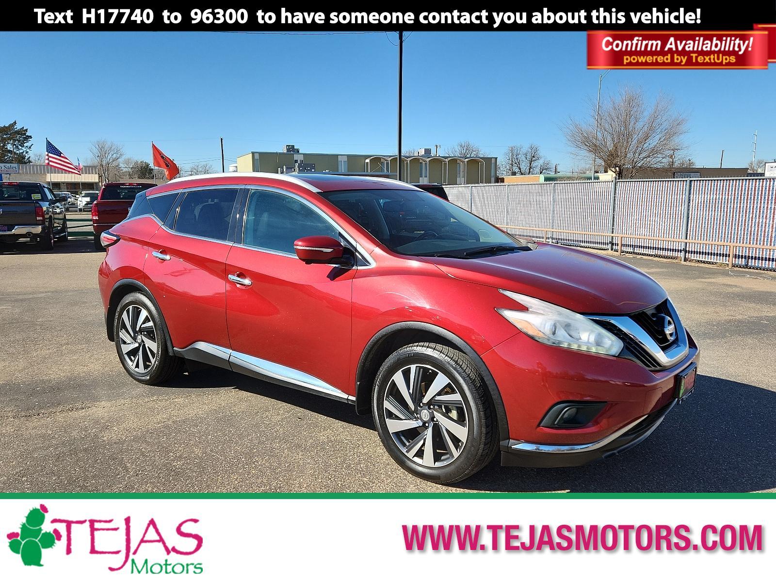 2015 RED Nissan Murano Platinum (5N1AZ2MG4FN) with an Engine: 3.5L V6 DOHC engine, located at 4110 Avenue Q, Lubbock, 79412, 33.556553, -101.855820 - 01/16/2024 INSPECTION IN INVENTORY GOD 01/20/2024 KEY IN ENVELOPE GOD - Photo #0