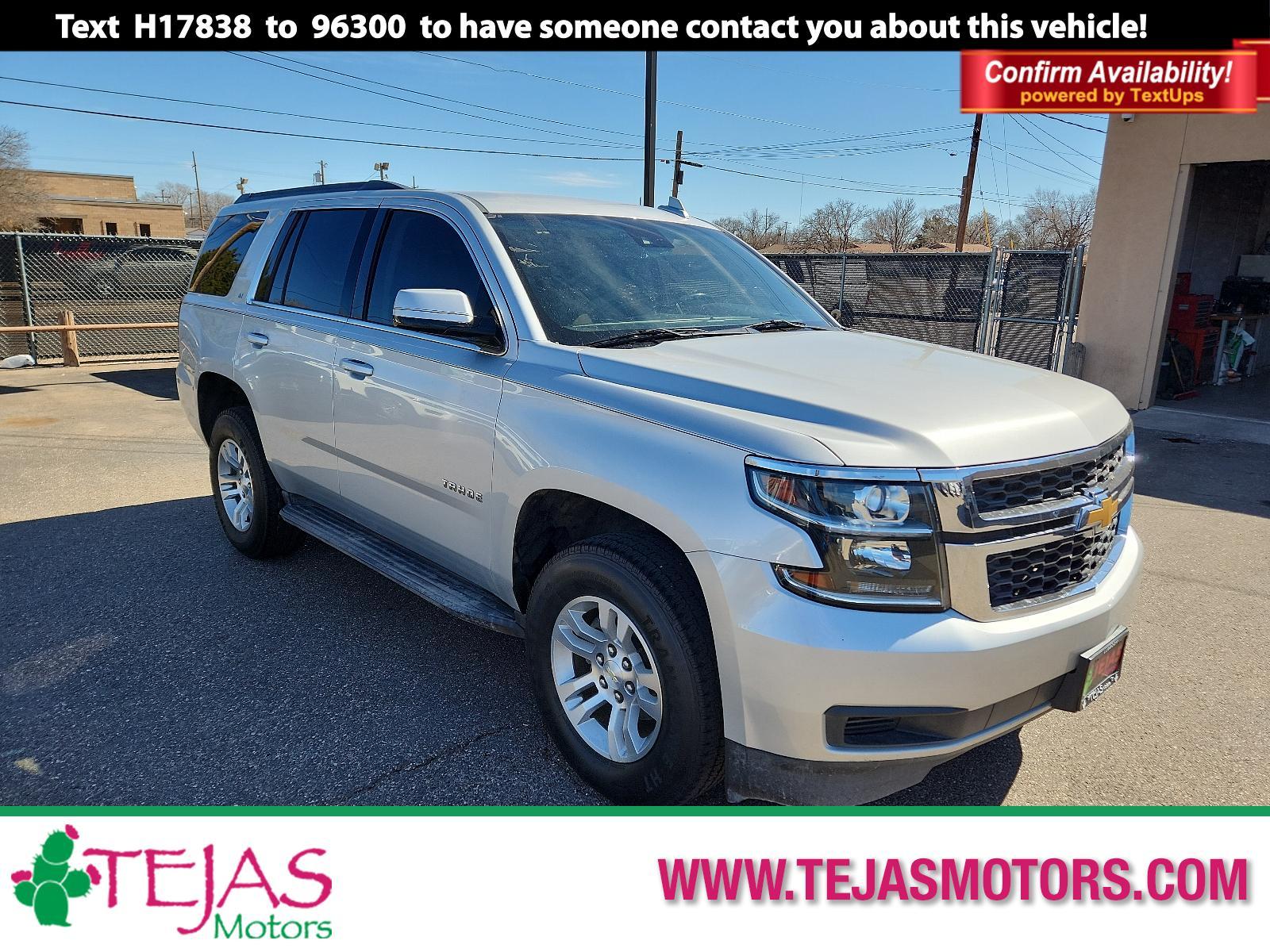 2015 SILVER Chevrolet Tahoe LT (1GNSCBKCXFR) with an ENGINE, 5.3L ECOTEC3 V8 WITH ACTIVE FUEL MANAGEMENT, DIRECT INJECTION AND VARIABLE VALVE TIMING engine, located at 4110 Avenue Q, Lubbock, 79412, 33.556553, -101.855820 - 02/10/2024 INSPECTION IN ENVELOPE GOD 02/13/2024 KEY IN ENVELOPE GOD - Photo #0