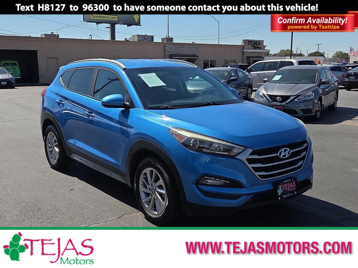 2018 Caribbean Blue - R5U /Black - TRY Hyundai Tucson SEL (KM8J33A41JU) with an Nu 2L I-4 gasoline direct injection, DOHC, D-CVVT variable valve control, regular unleaded, engine with 164HP engine, located at 4110 Avenue Q, Lubbock, 79412, 33.556553, -101.855820 - Photo#0