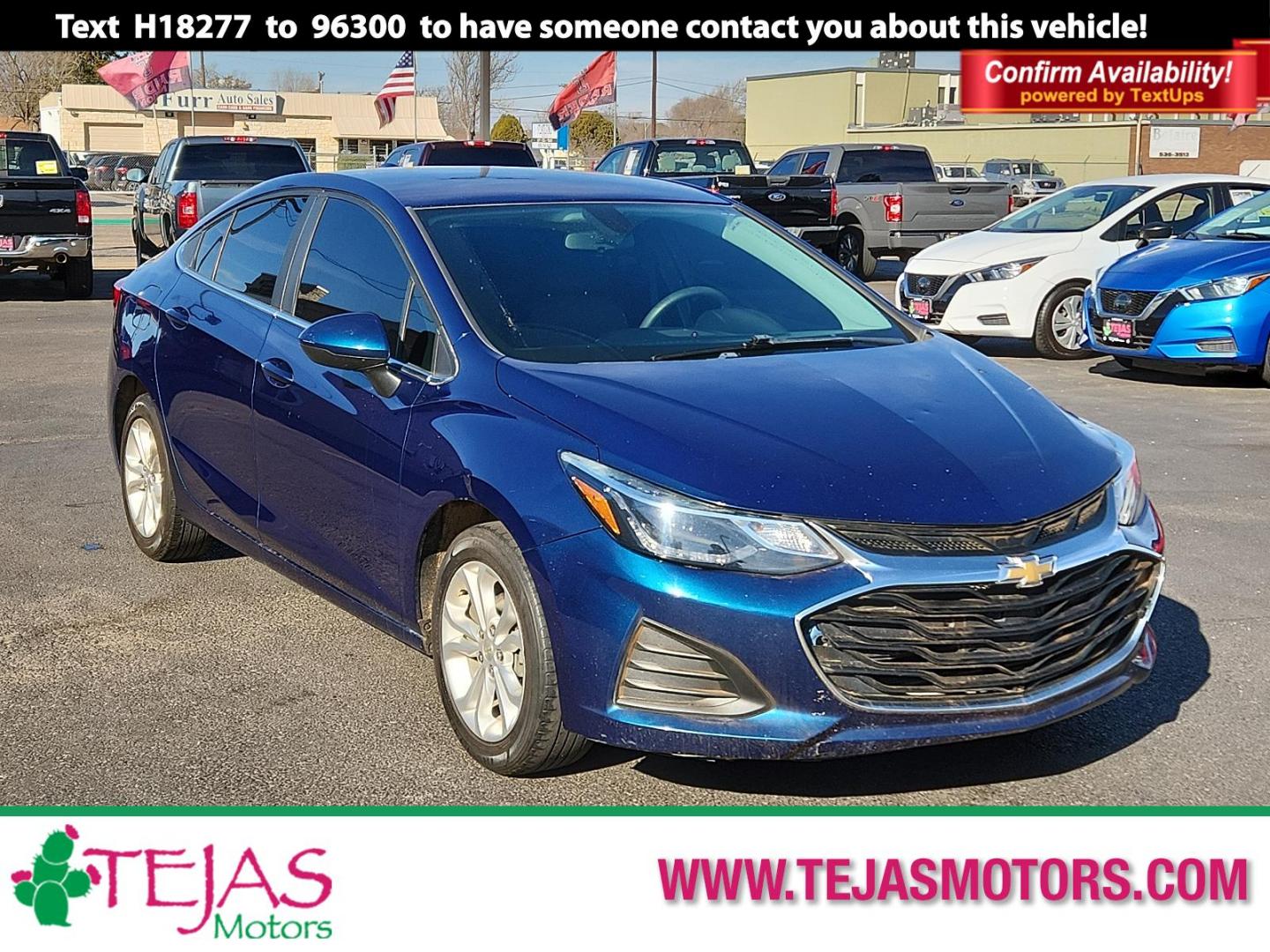 2019 BLUE Chevrolet Cruze LT (1G1BE5SM9K7) with an 1.4L I-4 gasoline direct injection, DOHC, VVT variable valve control, intercooled turbo, regular unleaded, engine with 153HP engine, located at 4110 Avenue Q, Lubbock, 79412, 33.556553, -101.855820 - 01/18/2025 KEY IN ENVELOPE GOD - Photo#0