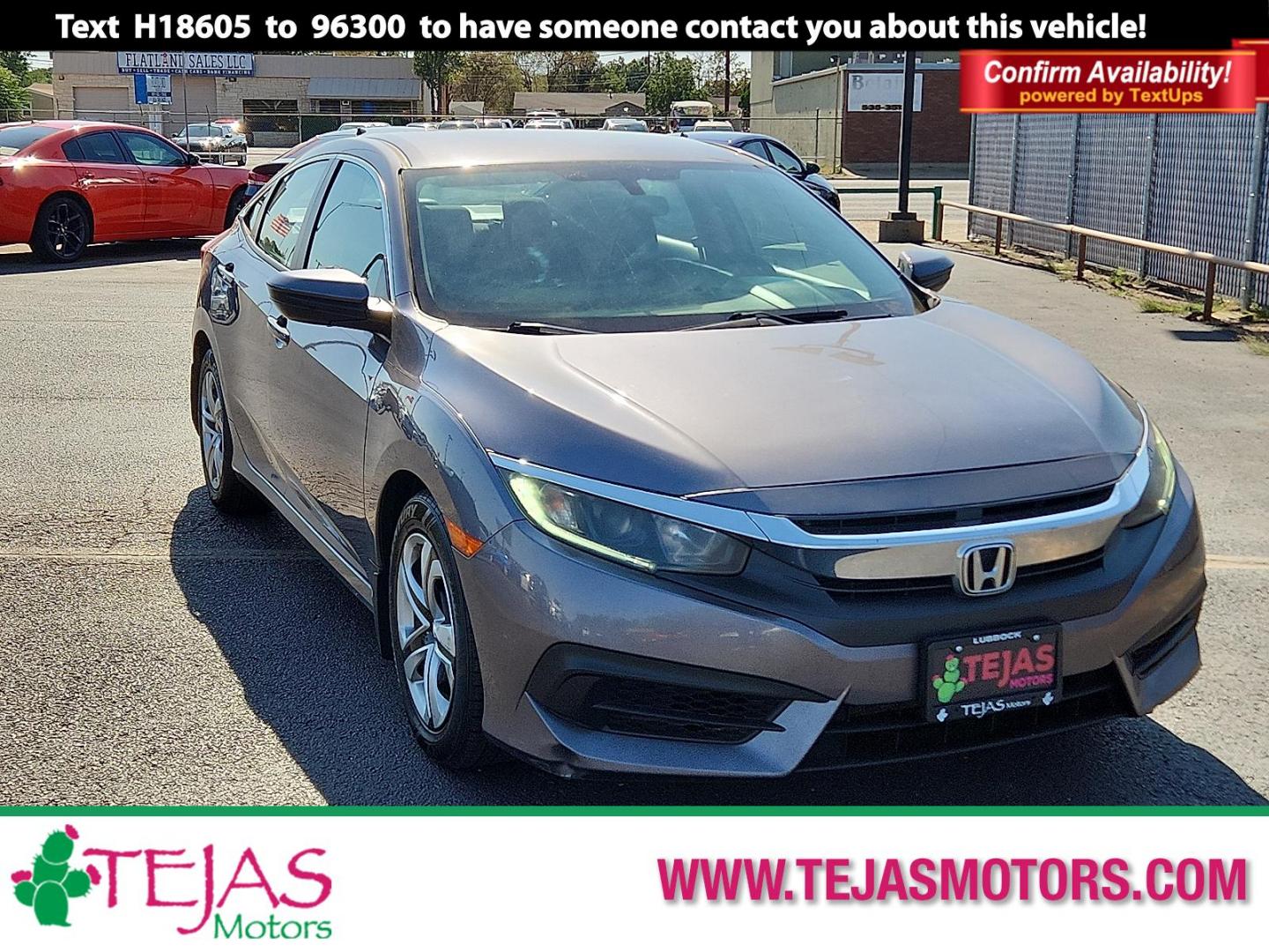 2017 GRAY Honda Civic LX (19XFC2F56HE) with an 2L I-4 DOHC, variable valve control, regular unleaded, engine with 158HP engine, located at 4110 Avenue Q, Lubbock, 79412, 33.556553, -101.855820 - 08/08/2025 KEY IN ENVELOPE GOD - Photo#0