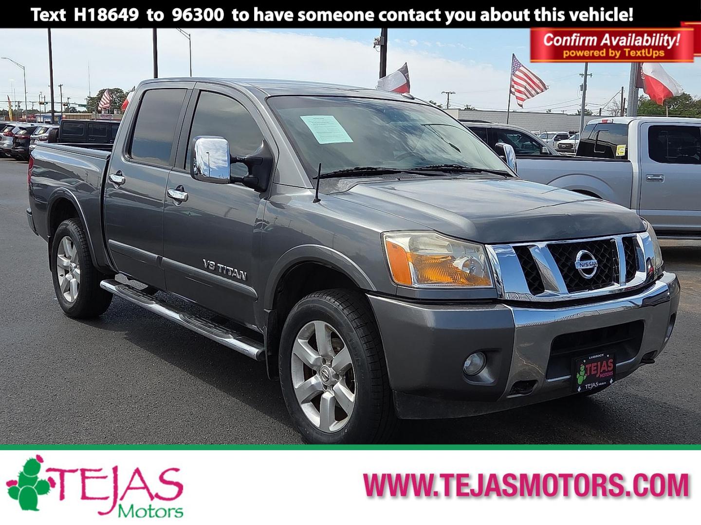 2015 Gun Metallic - KAD /Charcoal - G Nissan Titan SL (1N6BA0EC5FN) with an Endurance 5.6L V-8 DOHC, variable valve control, regular unleaded, engine with 317HP engine, located at 4110 Avenue Q, Lubbock, 79412, 33.556553, -101.855820 - 09/13/2025 KEY IN ENVELOPE GOD - Photo#0