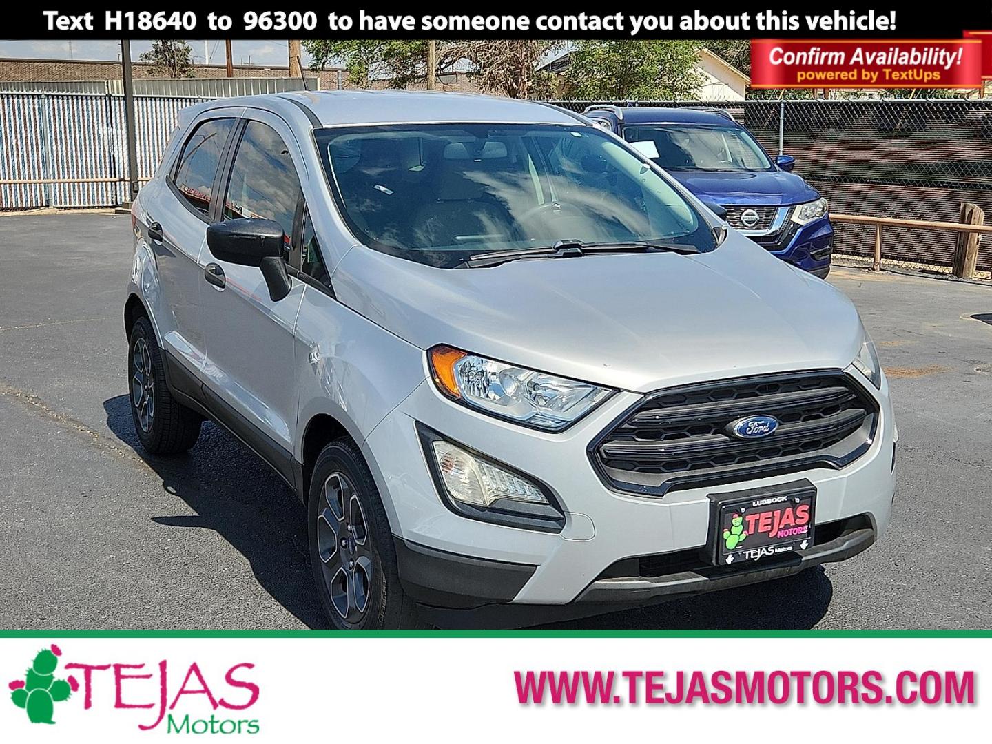 2018 SILVER Ford EcoSport S (MAJ3P1RE2JC) with an EcoBoost 1L I-3 gasoline direct injection, DOHC, variable valve control, intercooled turbo, regular unleaded, engine with 123HP engine, located at 4110 Avenue Q, Lubbock, 79412, 33.556553, -101.855820 - 09/12/2025 KEY IN ENVELOPE GOD - Photo#0