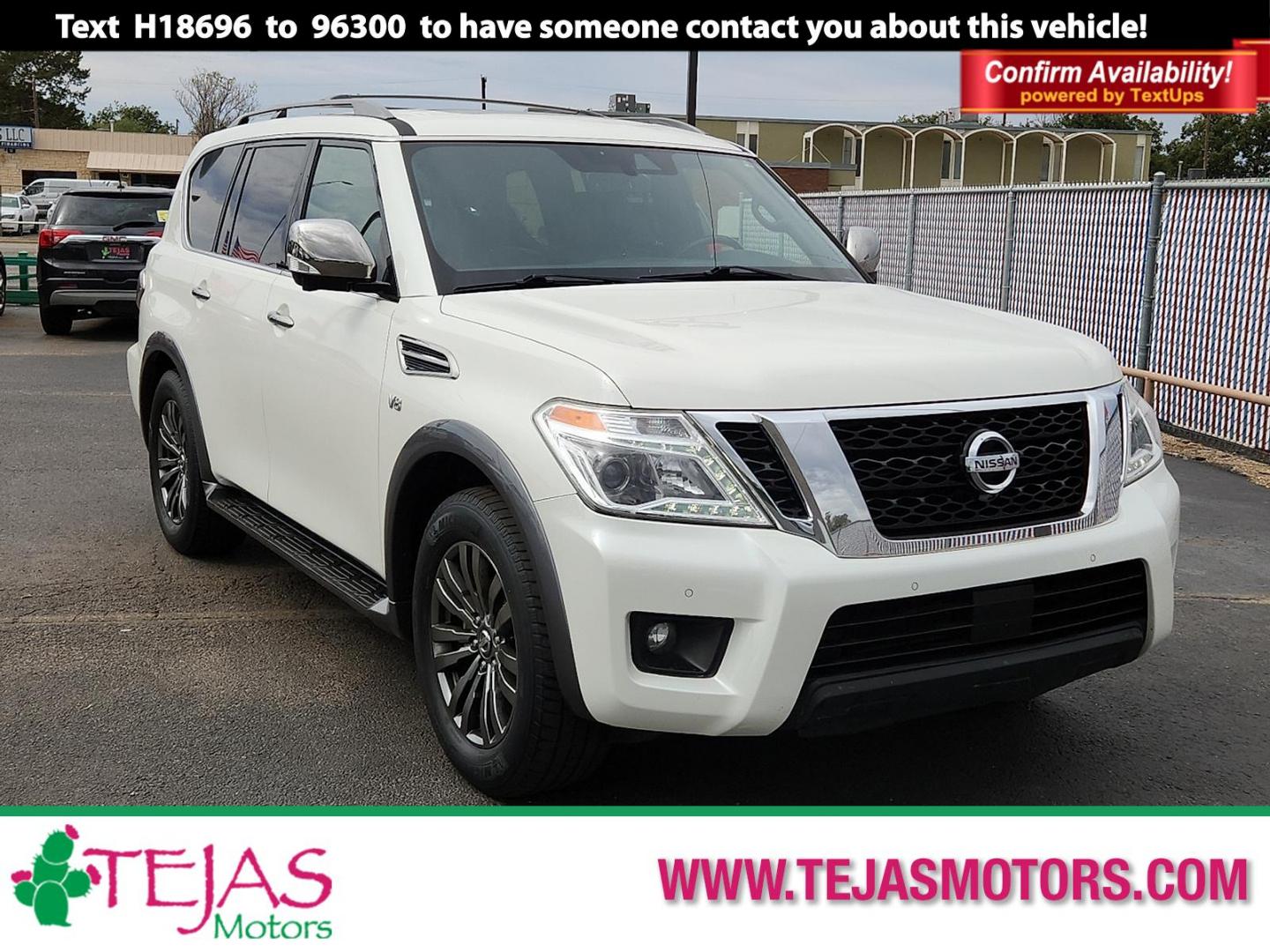 2018 WHITE Nissan Armada Platinum (JN8AY2NF9J9) with an Endurance 5.6L V-8 gasoline direct injection, VVEL DOHC, variable valve control, regular unleaded, engine with 390HP engine, located at 4110 Avenue Q, Lubbock, 79412, 33.556553, -101.855820 - 10/28/2025 KEY IN ENVELOPE GOD - Photo#0