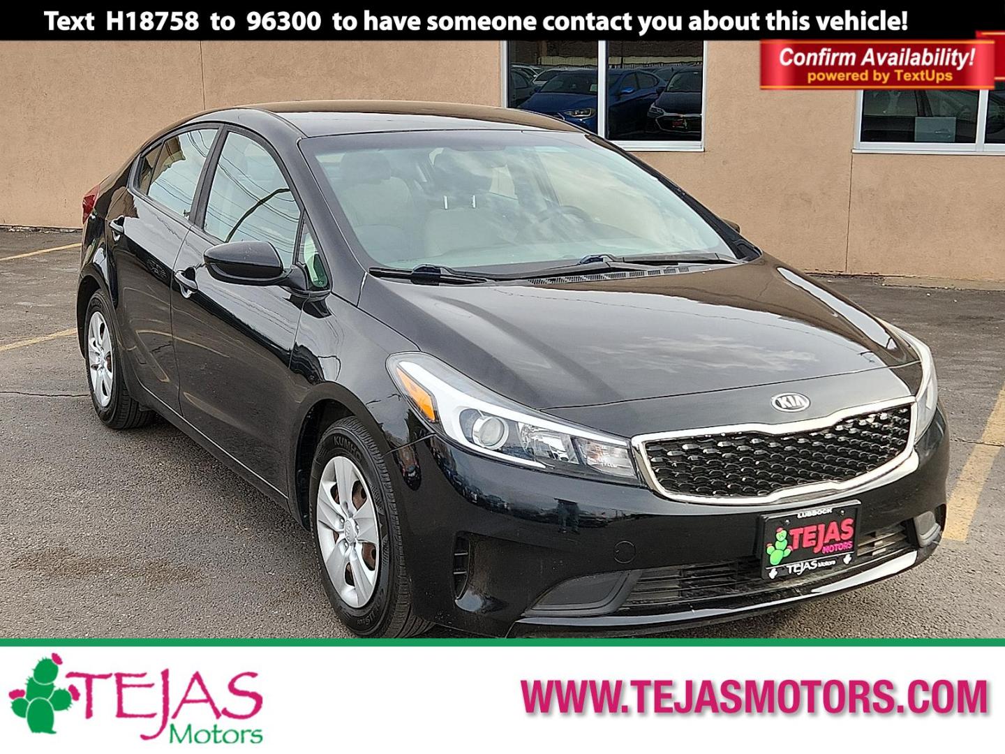 2018 BLACK Kia Forte LX (3KPFK4A78JE) with an 2L I-4 DOHC, D-CVVT variable valve control, regular unleaded, engine with 147HP engine, located at 4110 Avenue Q, Lubbock, 79412, 33.556553, -101.855820 - 01/29/2026 KEY IN ENVELOPE GOD - Photo#0