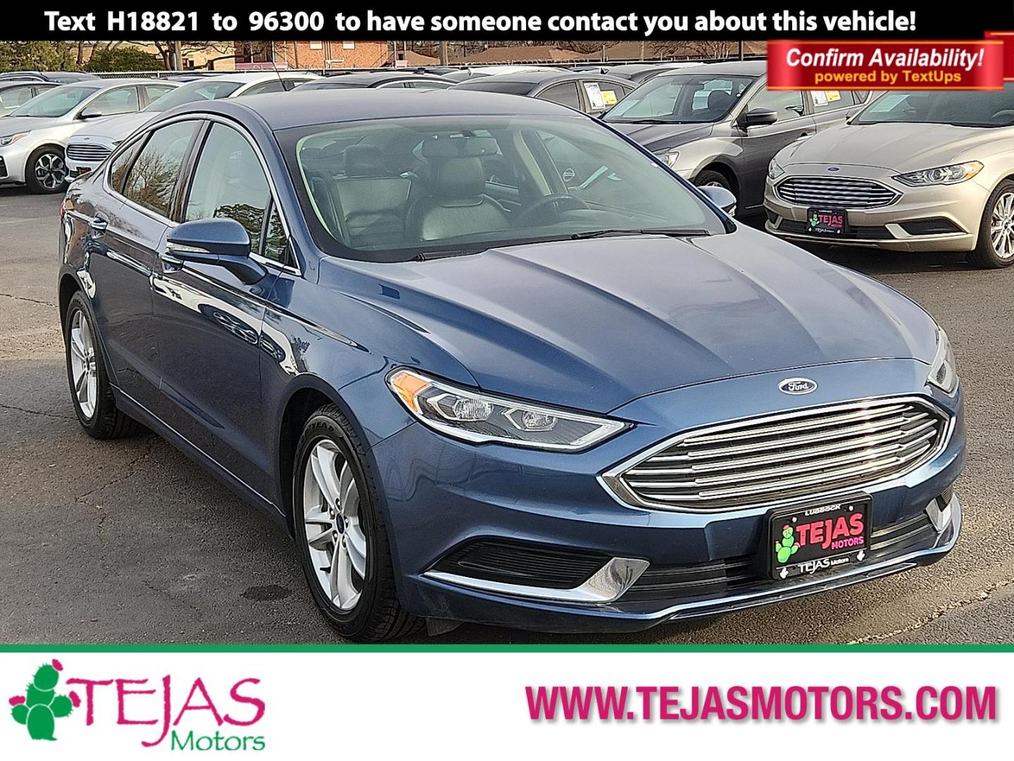 2018 BLUE Ford Fusion SE (3FA6P0HD9JR) with an EcoBoost 1.5L I-4 gasoline direct injection, DOHC, Ti-VCT variable valve control, intercooled turbo, regular unleaded, engine with 181HP engine, located at 4110 Avenue Q, Lubbock, 79412, 33.556553, -101.855820 - 02/11/2026 KEY IN ENVELOPE GOD - Photo#0