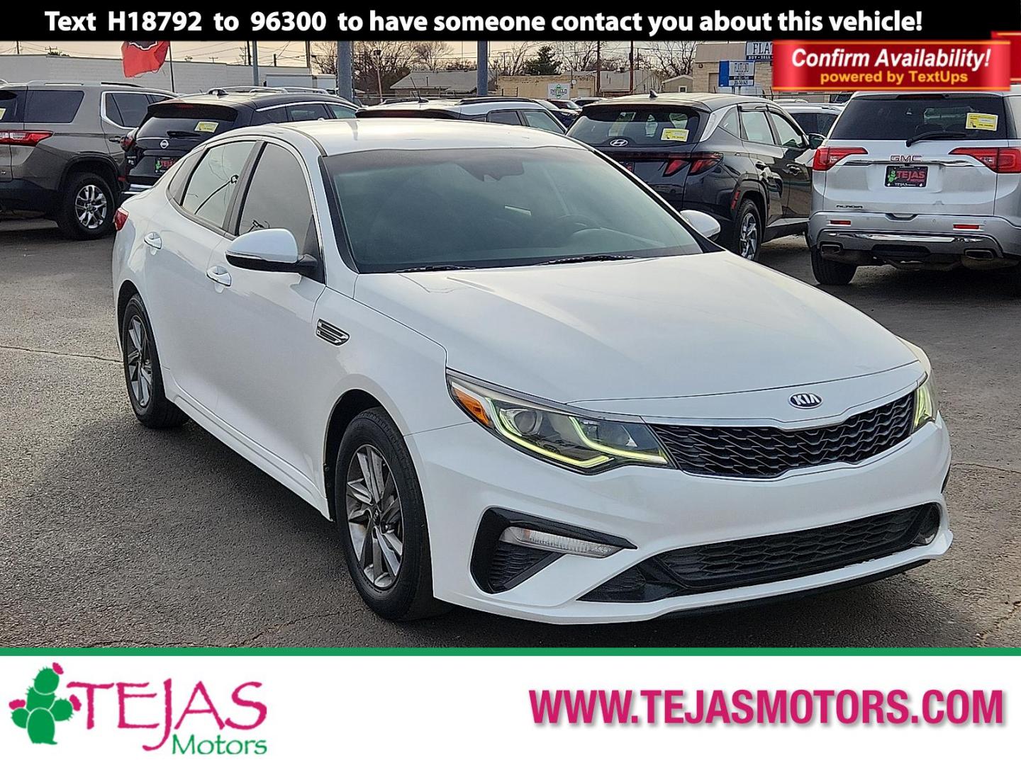 2019 WHITE Kia Optima LX (5XXGT4L32KG) with an Theta II 2.4L I-4 gasoline direct injection, DOHC, D-CVVT variable valve control, regular unleaded, engine with 185HP engine, located at 4110 Avenue Q, Lubbock, 79412, 33.556553, -101.855820 - 02/10/2026 KEY IN ENVELOPE GOD - Photo#0