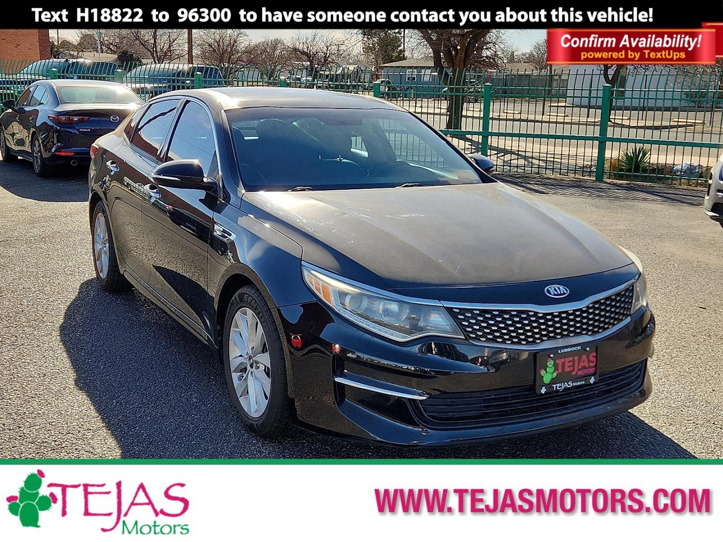 2018 BLACK Kia Optima EX (5XXGU4L39JG) with an Theta II 2.4L I-4 gasoline direct injection, DOHC, CVVT variable valve control, regular unleaded, engine with 185HP engine, located at 4110 Avenue Q, Lubbock, 79412, 33.556553, -101.855820 - 02/24/2026 KEY IN ENVELOPE GOD - Photo#0