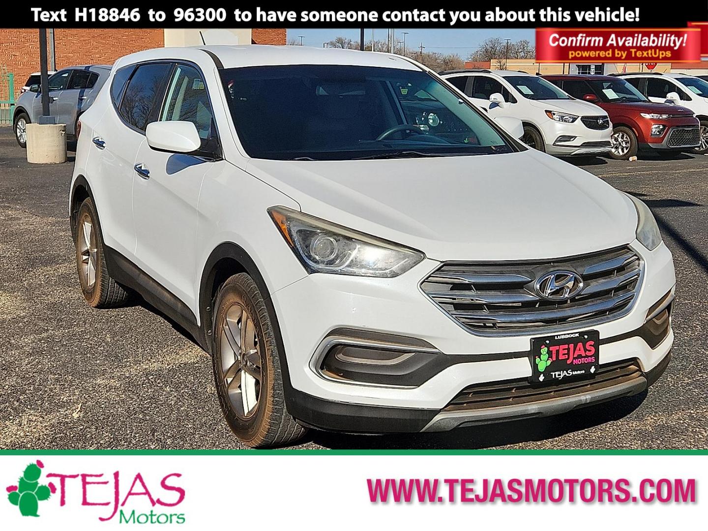 2018 WHITE Hyundai Santa Fe Sport 2.4L (5NMZT3LB6JH) with an Theta II 2.4L I-4 gasoline direct injection, DOHC, D-CVVT variable valve control, regular unleaded, engine with 185HP engine, located at 4110 Avenue Q, Lubbock, 79412, 33.556553, -101.855820 - 02/14/2026 KEY IN ENVELOPE GOD - Photo#0