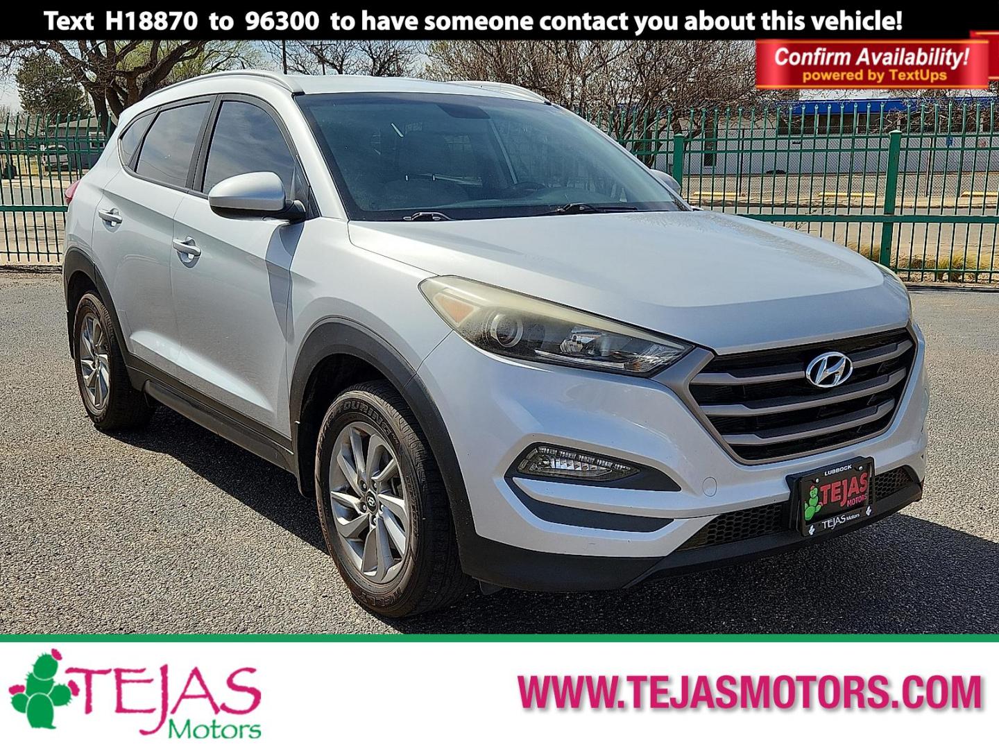 2016 SILVER /Gray - TGG Hyundai Tucson SE (KM8J33A46GU) with an Nu 2L I-4 gasoline direct injection, DOHC, variable valve control, regular unleaded, engine with 164HP engine, located at 4110 Avenue Q, Lubbock, 79412, 33.556553, -101.855820 - 02/24/2026 KEY IN ENVELOPE GOD - Photo#0