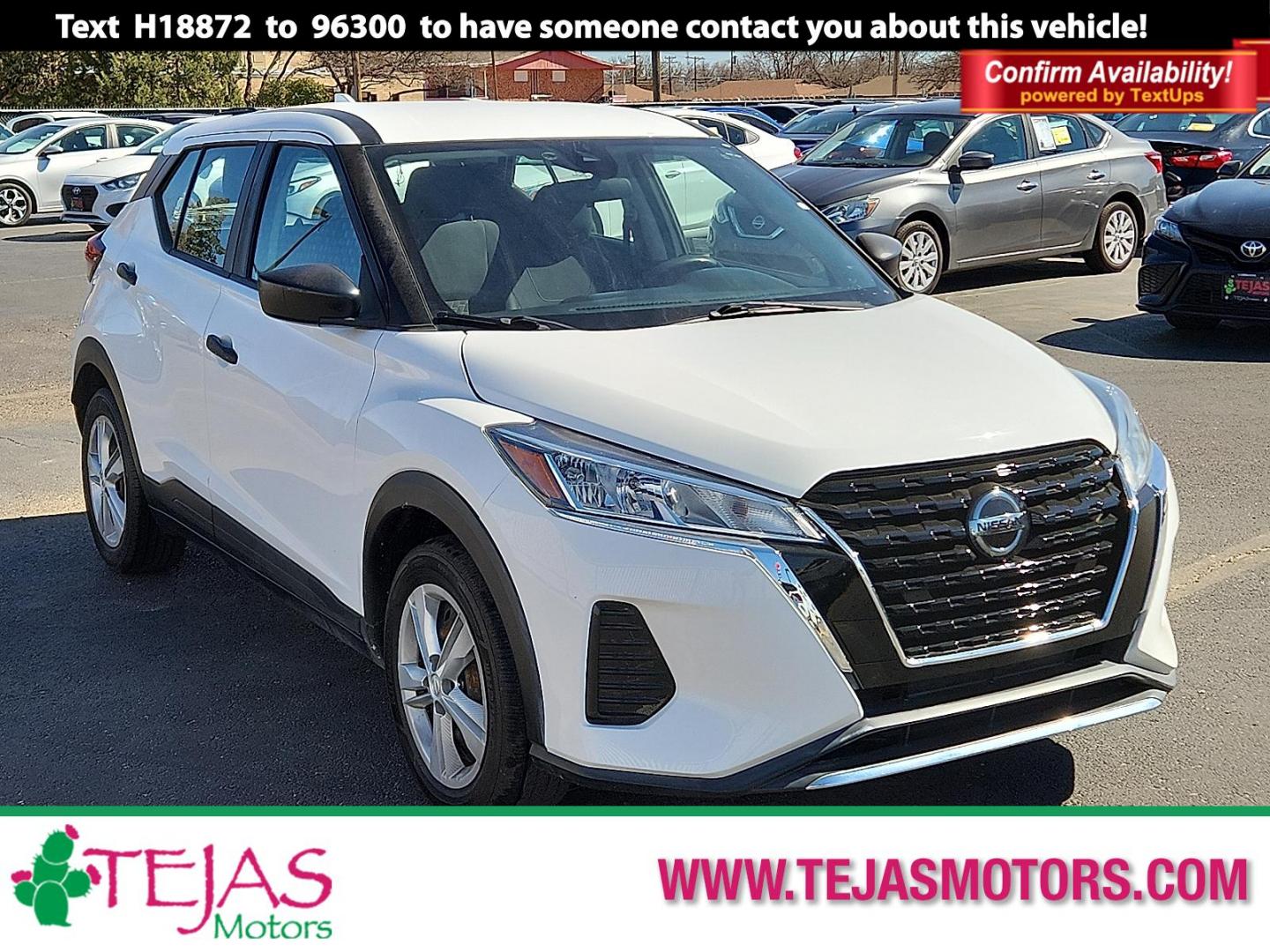 2021 WHITE Nissan Kicks S Xtronic CVT (3N1CP5BV7ML) with an 1.6L I-4 DOHC, CVTCS variable valve control, regular unleaded, engine with 122HP engine, located at 4110 Avenue Q, Lubbock, 79412, 33.556553, -101.855820 - Photo#0