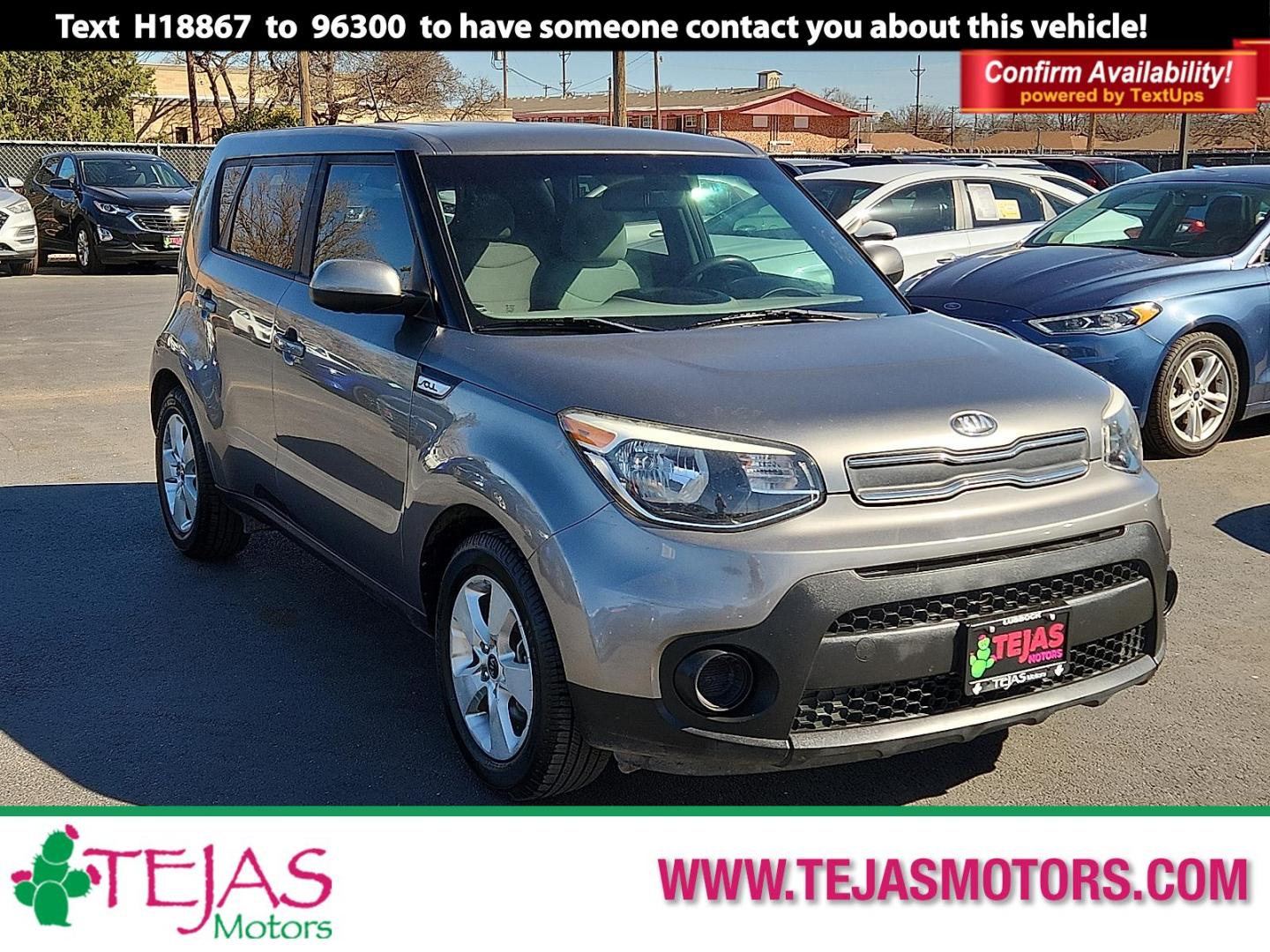 2018 GRAY Kia Soul (KNDJN2A25J7) with an Gamma 1.6L I-4 gasoline direct injection, DOHC, D-CVVT variable valve control, regular unleaded, engine with 130HP engine, located at 4110 Avenue Q, Lubbock, 79412, 33.556553, -101.855820 - Photo#0