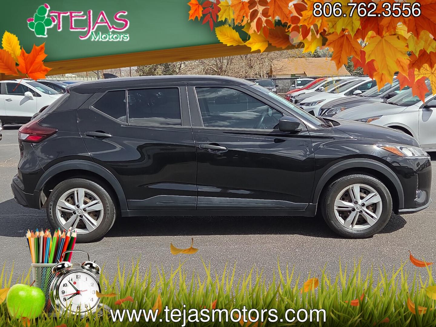 2021 Super Black - KH3 /Charcoal - G Nissan Kicks S Xtronic CVT (3N1CP5BV5ML) with an 1.6L I-4 DOHC, CVTCS variable valve control, regular unleaded, engine with 122HP engine, located at 4110 Avenue Q, Lubbock, 79412, 33.556553, -101.855820 - 03/12/2026 key in envelope god- Photo#1