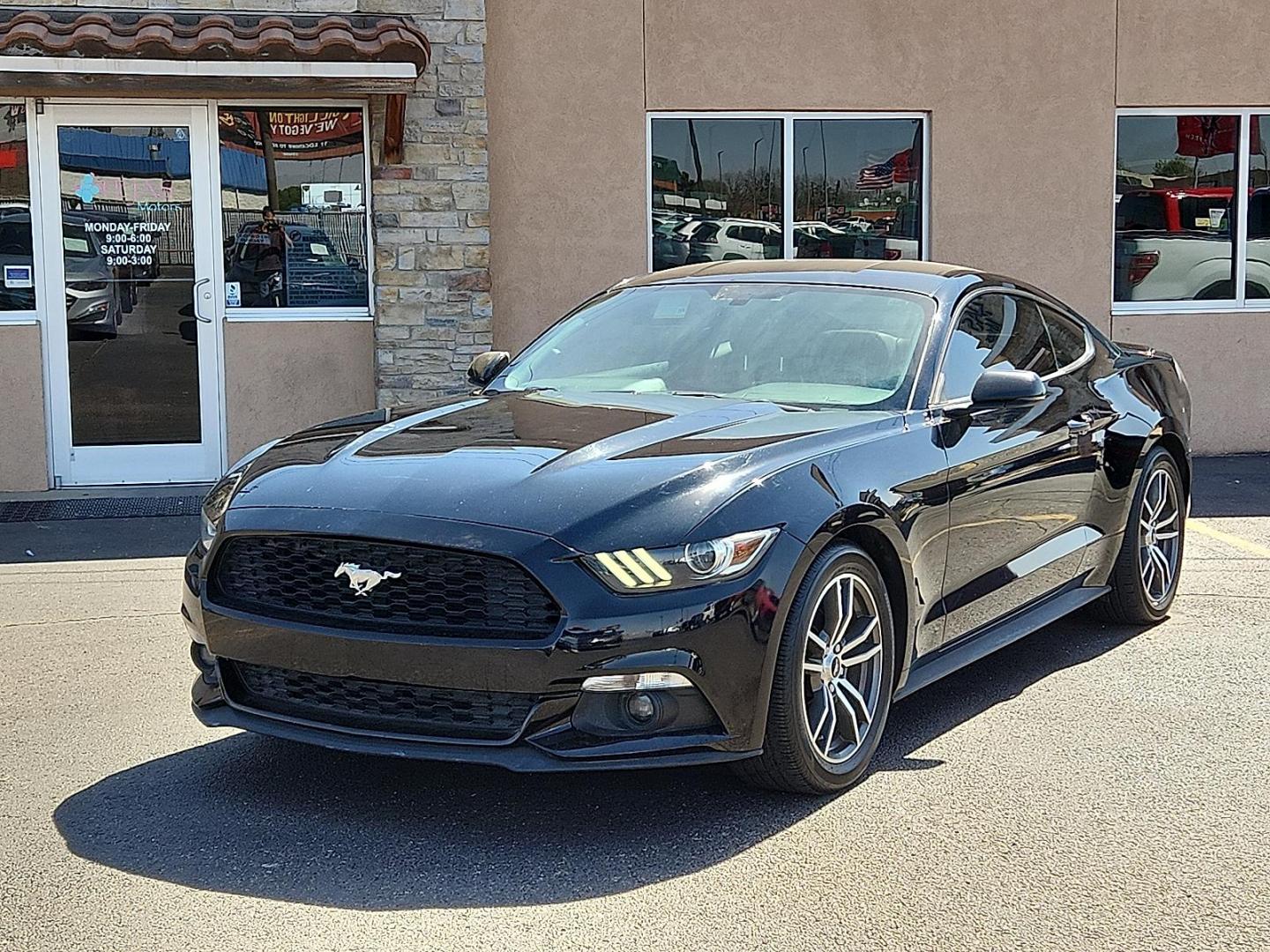 2015 Black /Ebony - 41 Ford Mustang EcoBoost (1FA6P8TH3F5) with an EcoBoost 2.3L I-4 gasoline direct injection, DOHC, variable valve control, intercooled turbo, premium unleaded, engine with 310HP engine, located at 4110 Avenue Q, Lubbock, 79412, 33.556553, -101.855820 - 03/24/2026 KEY IN ENVELOPE GOD - Photo#1