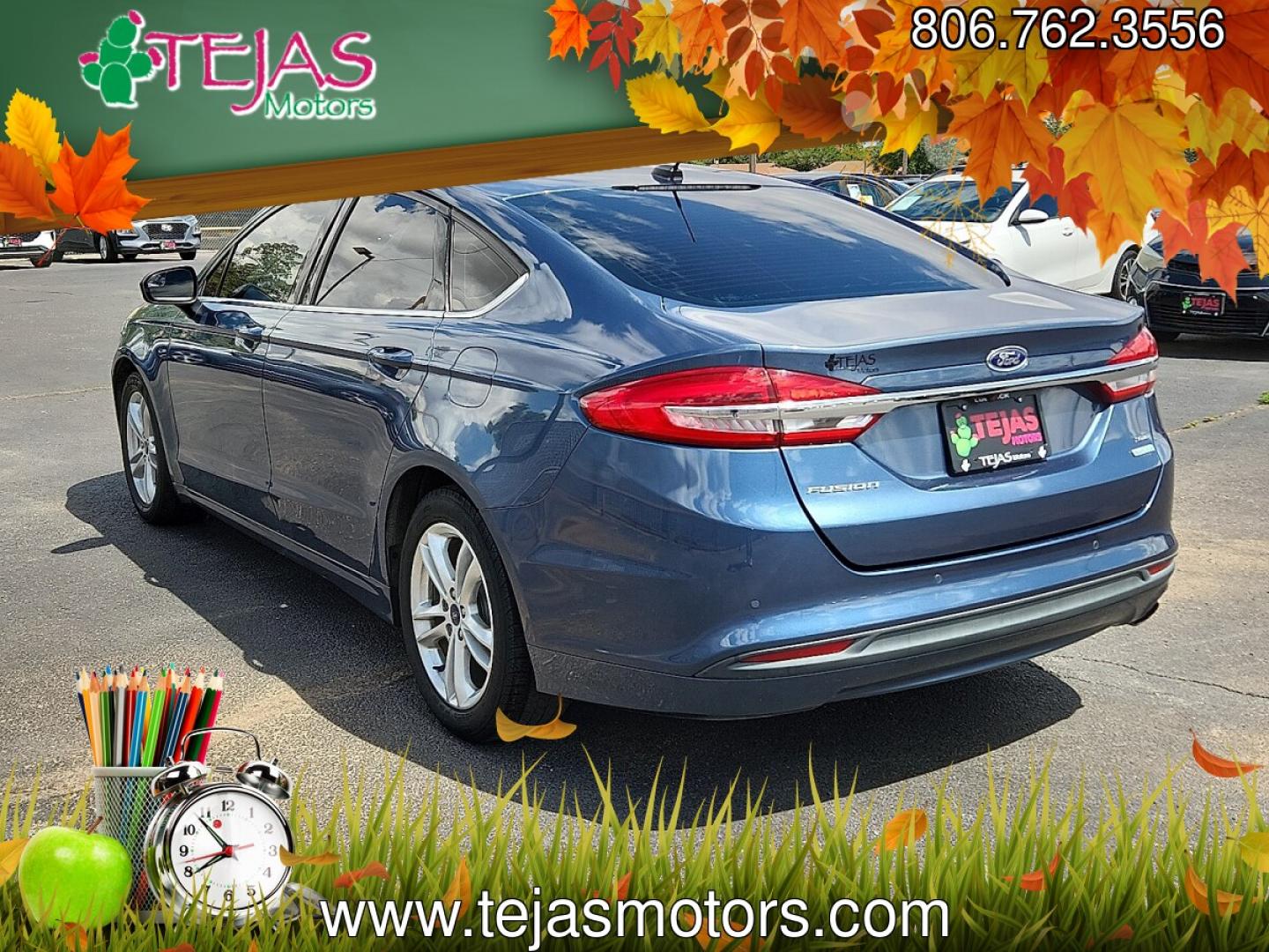 2018 BLUE /Ebony - DT Ford Fusion SE (3FA6P0HD0JR) with an EcoBoost 1.5L I-4 gasoline direct injection, DOHC, Ti-VCT variable valve control, intercooled turbo, regular unleaded, engine with 181HP engine, located at 4110 Avenue Q, Lubbock, 79412, 33.556553, -101.855820 - 06/03/2026 KEY IN ENVELOPE GOD- Photo#2