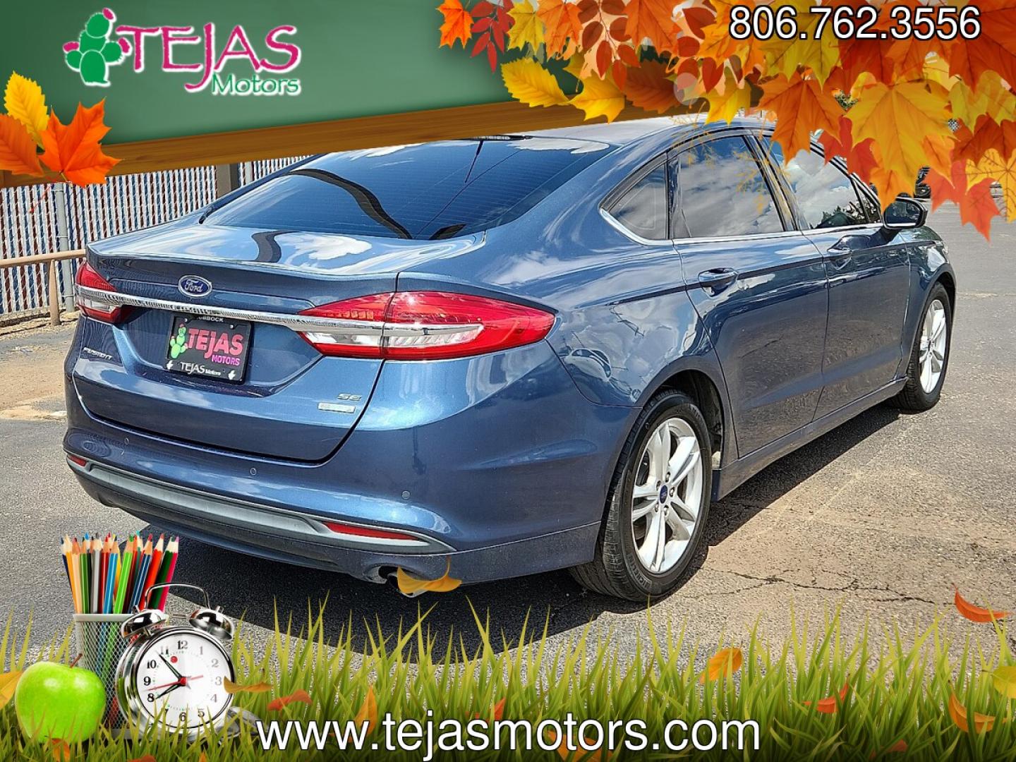 2018 BLUE /Ebony - DT Ford Fusion SE (3FA6P0HD0JR) with an EcoBoost 1.5L I-4 gasoline direct injection, DOHC, Ti-VCT variable valve control, intercooled turbo, regular unleaded, engine with 181HP engine, located at 4110 Avenue Q, Lubbock, 79412, 33.556553, -101.855820 - 06/03/2026 KEY IN ENVELOPE GOD- Photo#3