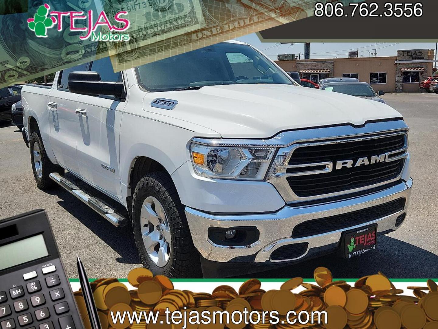 2019 WHITE /Diesel Gray/Black - X8 Ram 1500 Big Horn/Lone Star Crew Cab 4x2 5'7" Box (1C6RREFG4KN) with an 3.6L V-6 DOHC, variable valve control, regular unleaded, engine with 305HP engine, located at 4110 Avenue Q, Lubbock, 79412, 33.556553, -101.855820- Photo#0