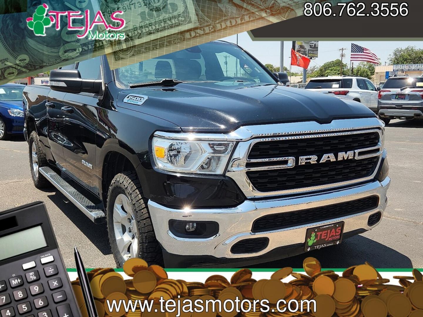 2022 BLACK /Black - X9 Ram 1500 Big Horn Quad Cab 4x4 6'4" Box (1C6RRFBG2NN) with an 3.6L V-6 DOHC, variable valve control, regular unleaded, engine with 305HP engine, located at 4110 Avenue Q, Lubbock, 79412, 33.556553, -101.855820- Photo#0