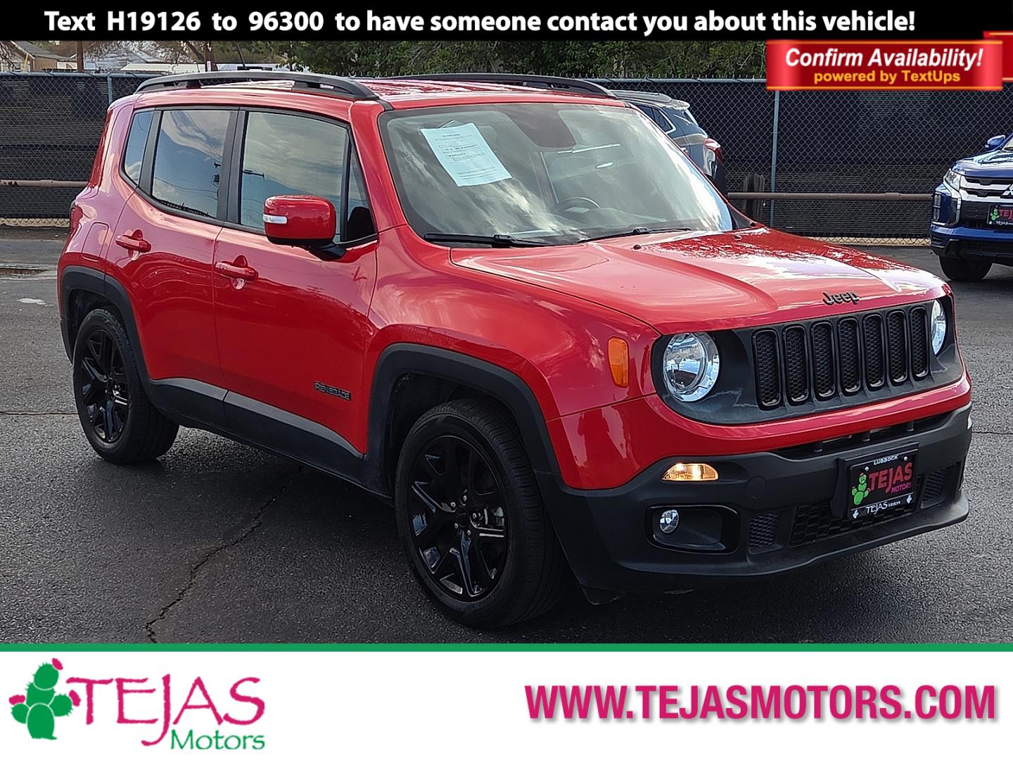 2017 Colorado Red - PRX /Black - X9 Jeep Renegade Altitude FWD (ZACCJABB0HP) with an Tigershark MultiAir 2.4L I-4 variable valve control, regular gasoline, engine with 180HP engine, located at 4110 Avenue Q, Lubbock, 79412, 33.556553, -101.855820- Photo#0